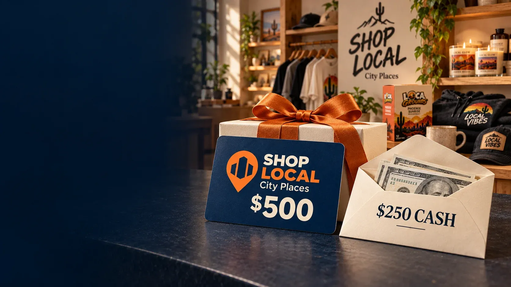 $500 SHOP LOCAL Alaska Places gift card and $250 cash envelope in front of a SHOP LOCAL store and product display.